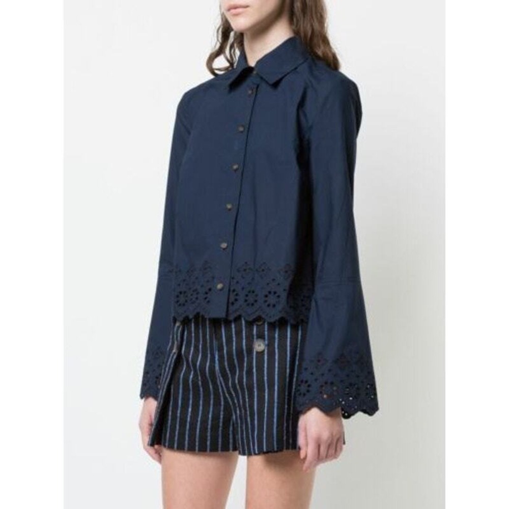 DEREK LAM 10 Crosby Button-Down Shirt Eyelet Embroidery 6 Navy Blue Cotton